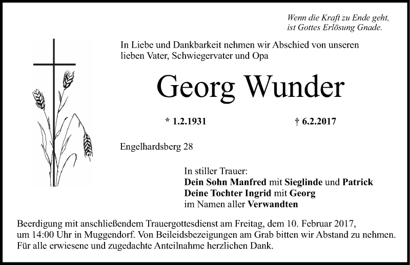  Traueranzeige für Georg Wunder vom 08.02.2017 aus Nordbayerische Nachrichten Forchheim Lokal