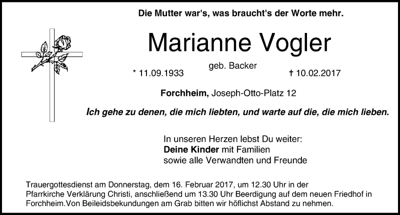  Traueranzeige für Marianne Vogler vom 13.02.2017 aus Nordbayerische Nachrichten Forchheim Lokal