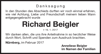 Traueranzeige von Richard Beigler von Gesamtausgabe Nürnberger Nachrichten/ Nürnberger Ztg.