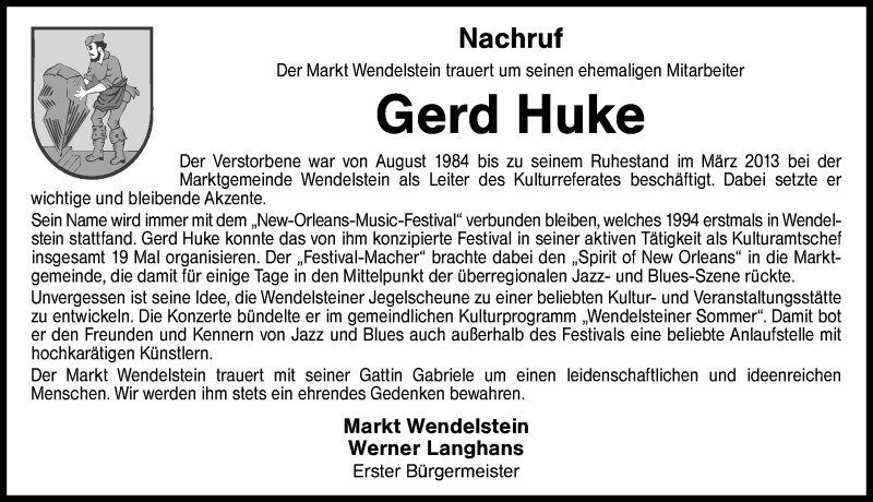  Traueranzeige für Gerd Huke vom 02.02.2017 aus Schwabach