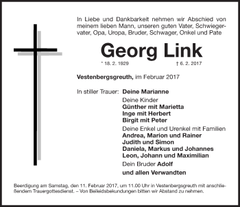 Traueranzeige von Georg Link von Nordbayerische Nachrichten Herzogenaurach Lokal