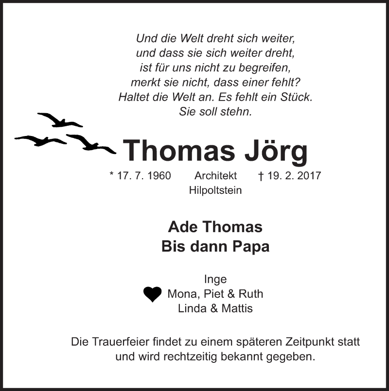  Traueranzeige für Thomas Jörg vom 25.02.2017 aus Roth-Hilpoltsteiner Volkszeitung Lokal