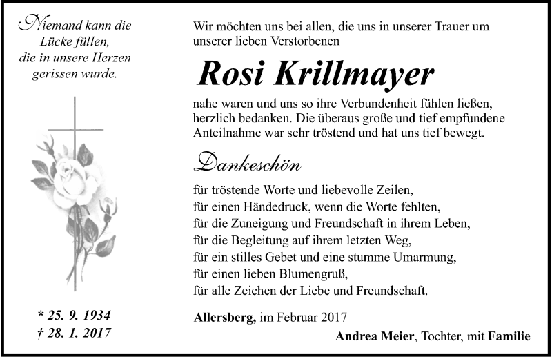  Traueranzeige für Rosi Krillmayer vom 11.02.2017 aus Roth-Hilpoltsteiner Volkszeitung Lokal
