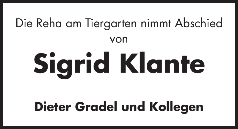  Traueranzeige für Sigrid Klante vom 23.02.2017 aus Gesamtausgabe Nürnberger Nachrichten/ Nürnberger Ztg.