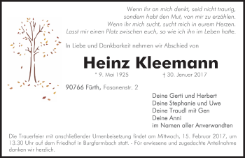 Traueranzeige von Heinz Kleemann von Fürther Nachrichten Lokal