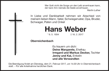 Traueranzeige von Hans Weber von Fürther Nachrichten Lokal