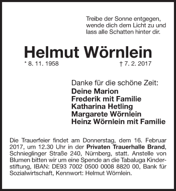 Traueranzeige von Helmut Wörnlein von Gesamtausgabe Nürnberger Nachrichten/ Nürnberger Ztg.