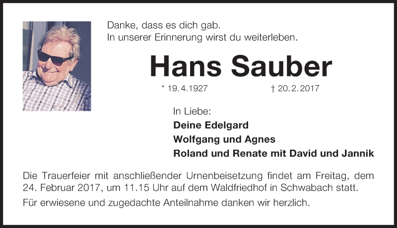  Traueranzeige für Hans Sauber vom 23.02.2017 aus Schwabach