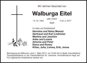 Traueranzeige von Walburga Eitel von Roth-Hilpoltsteiner Volkszeitung Lokal
