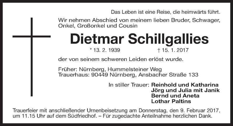  Traueranzeige für Dietmar Schillgallies vom 04.02.2017 aus Gesamtausgabe Nürnberger Nachrichten/ Nürnberger Ztg.