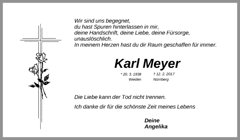  Traueranzeige für Karl Meyer vom 23.02.2017 aus Gesamtausgabe Nürnberger Nachrichten/ Nürnberger Ztg.