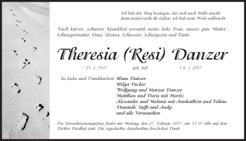 Traueranzeige von Theresia Danzer von Fürther Nachrichten Lokal