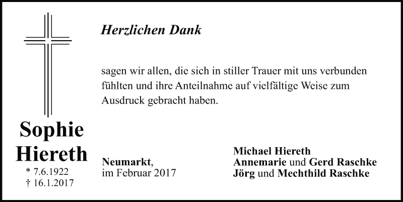  Traueranzeige für Sophie Hiereth vom 04.02.2017 aus Neumarkter Nachrichten Lokal