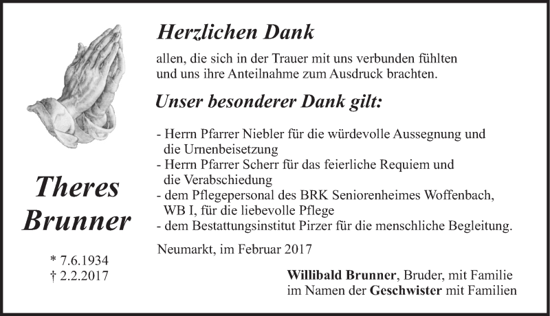  Traueranzeige für Theres Brunner vom 25.02.2017 aus Neumarkter Nachrichten Lokal