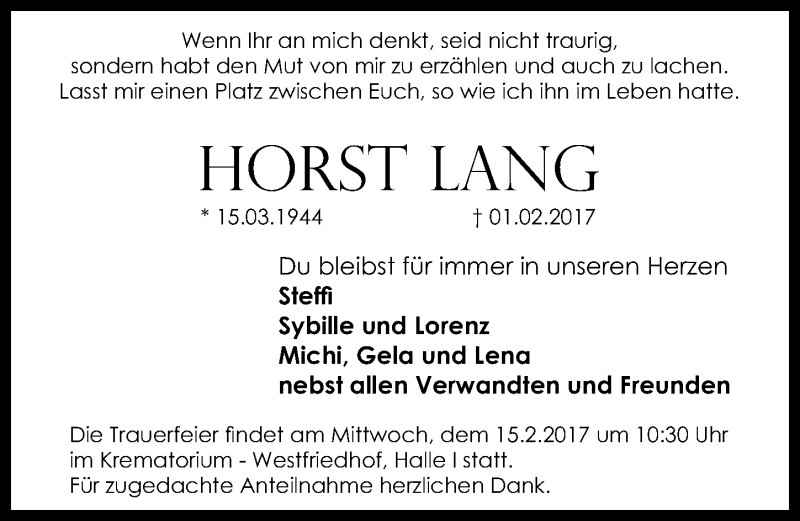  Traueranzeige für Horst Lang vom 11.02.2017 aus Gesamtausgabe Nürnberger Nachrichten/ Nürnberger Ztg.