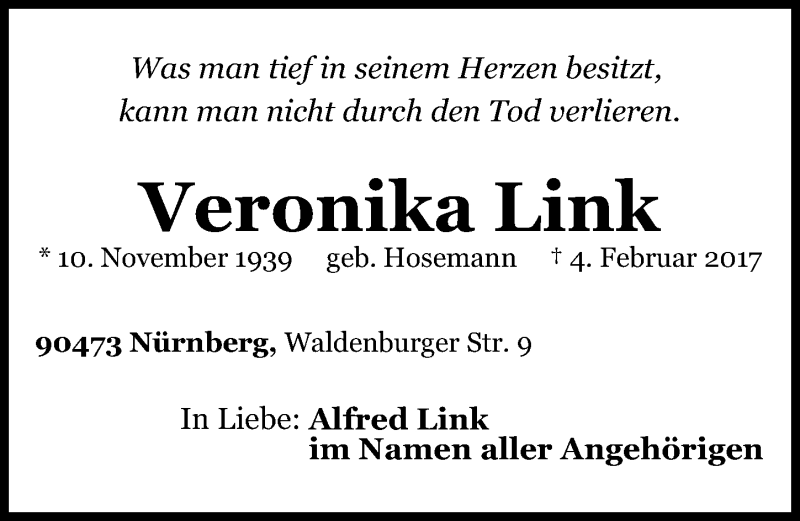  Traueranzeige für Veronika Link vom 08.02.2017 aus Gesamtausgabe Nürnberger Nachrichten/ Nürnberger Ztg.