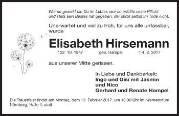 Traueranzeige von Elisabeth Hirsemann von Gesamtausgabe Nürnberger Nachrichten/ Nürnberger Ztg.