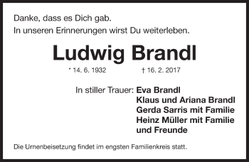 Traueranzeige von Ludwig Brandl von Gesamtausgabe Nürnberger Nachrichten/ Nürnberger Ztg.