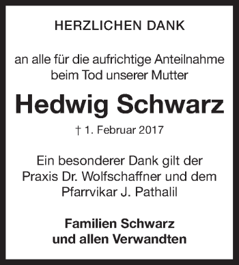 Traueranzeige von Hedwig Schwarz von Fürther Nachrichten Lokal