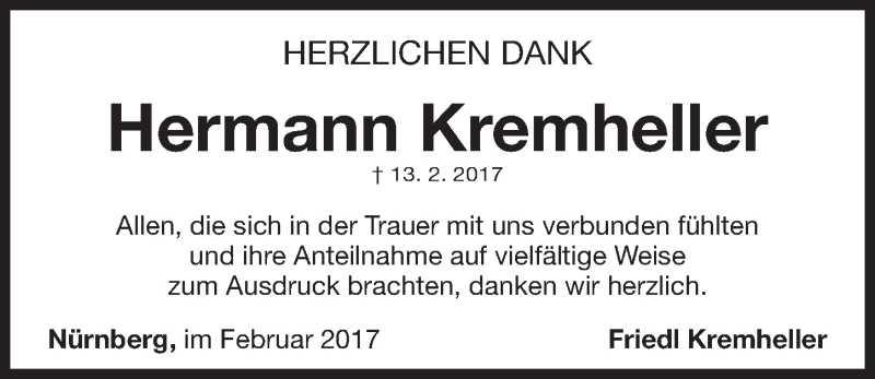  Traueranzeige für Hermann Kremheller vom 25.02.2017 aus Gesamtausgabe Nürnberger Nachrichten/ Nürnberger Ztg.