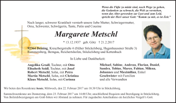 Traueranzeige von Margarete Metschl von Neumarkter Nachrichten Lokal