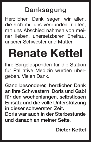 Traueranzeige von Renate Kettel von Gesamtausgabe Nürnberger Nachrichten/ Nürnberger Ztg.