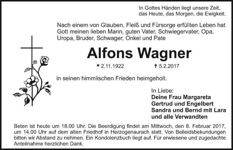  Traueranzeige für Alfons Wagner vom 07.02.2017 aus Nordbayerische Nachrichten Herzogenaurach Lokal