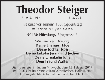 Traueranzeige von Theodor Steiger von Gesamtausgabe Nürnberger Nachrichten/ Nürnberger Ztg.