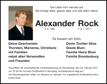 Traueranzeige von Alexander Rock von Gesamtausgabe Nürnberger Nachrichten/ Nürnberger Ztg.