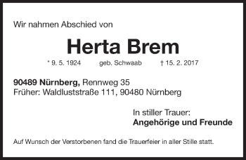 Traueranzeige von Herta Brem von Gesamtausgabe Nürnberger Nachrichten/ Nürnberger Ztg.