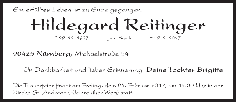  Traueranzeige für Hildegard Reitinger vom 22.02.2017 aus Gesamtausgabe Nürnberger Nachrichten/ Nürnberger Ztg.