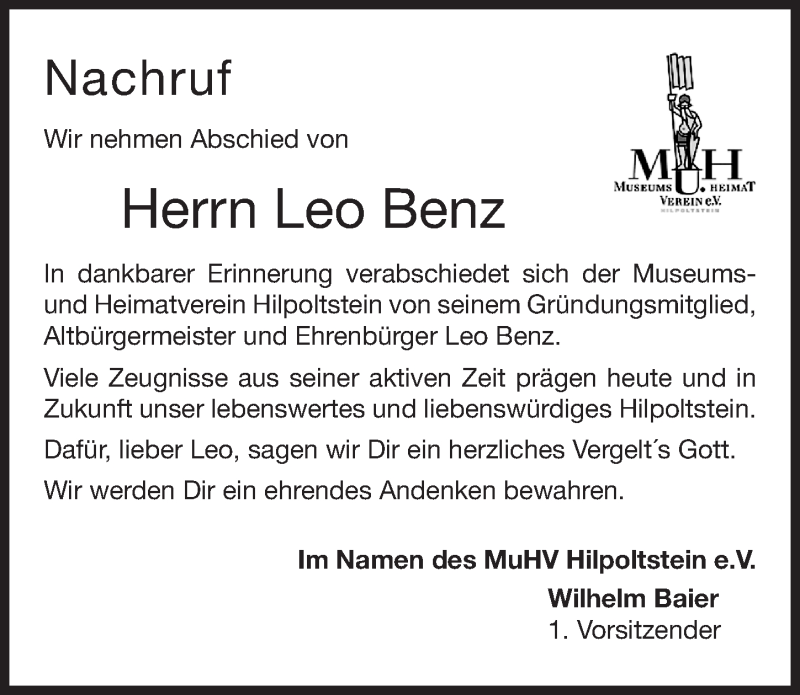  Traueranzeige für Leodegar Benz vom 16.02.2017 aus Roth-Hilpoltsteiner Volkszeitung Lokal