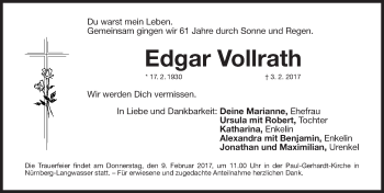 Traueranzeige von Edgar Vollrath von Gesamtausgabe Nürnberger Nachrichten/ Nürnberger Ztg.