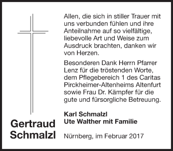 Traueranzeige von Gertraud Schmalzl von Gesamtausgabe Nürnberger Nachrichten/ Nürnberger Ztg.
