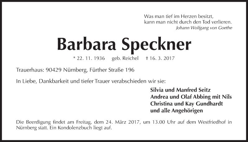  Traueranzeige für Barbara Speckner vom 20.03.2017 aus Gesamtausgabe Nürnberger Nachrichten/ Nürnberger Ztg.
