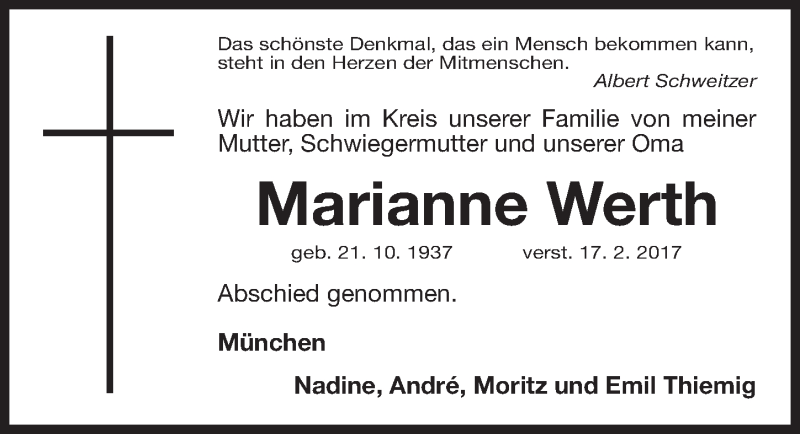  Traueranzeige für Marianne Werth vom 18.03.2017 aus Gesamtausgabe Nürnberger Nachrichten/ Nürnberger Ztg.
