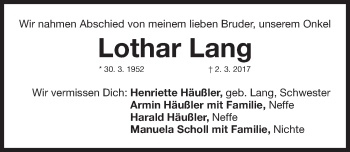 Traueranzeige von Lothar Lang von Gesamtausgabe Nürnberger Nachrichten/ Nürnberger Ztg.