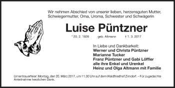 Traueranzeige von Luise Püntzner von Fürther Nachrichten Lokal