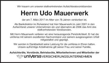 Traueranzeige von Udo Mauerwerk von Gesamtausgabe Nürnberger Nachrichten/ Nürnberger Ztg.