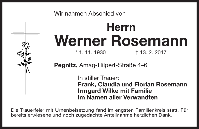  Traueranzeige für Werner Rosemann vom 04.03.2017 aus Nordbayerische Nachrichten Pegnitz Lokal