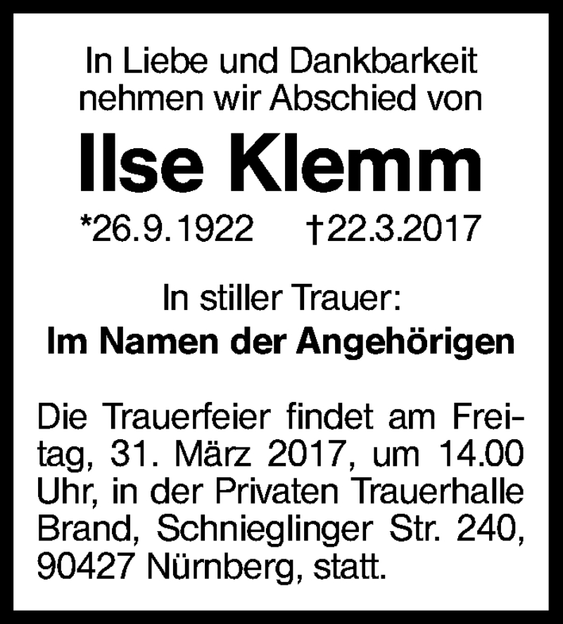  Traueranzeige für Ilse Klemm vom 29.03.2017 aus Schwabach