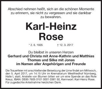 Traueranzeige von Karl-Heinz Rose von Gesamtausgabe Nürnberger Nachrichten/ Nürnberger Ztg.