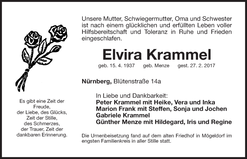  Traueranzeige für Elvira Krammel vom 25.03.2017 aus Gesamtausgabe Nürnberger Nachrichten/ Nürnberger Ztg.
