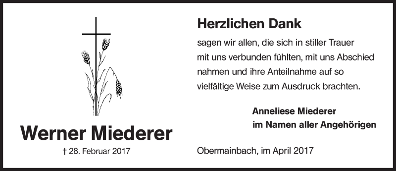  Traueranzeige für Werner Miederer vom 01.04.2017 aus Roth-Hilpoltsteiner Volkszeitung Lokal