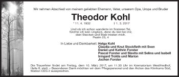Traueranzeige von Theodor Kohl von Gesamtausgabe Nürnberger Nachrichten/ Nürnberger Ztg.