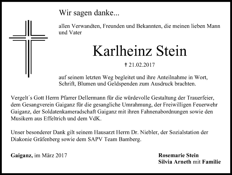  Traueranzeige für Karlheinz Stein vom 04.03.2017 aus Nordbayerische Nachrichten Forchheim Lokal