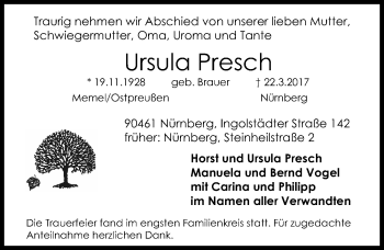 Traueranzeige von Ursula Presch von Gesamtausgabe Nürnberger Nachrichten/ Nürnberger Ztg.