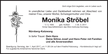 Traueranzeige von Monika Ströbel von Gesamtausgabe Nürnberger Nachrichten/ Nürnberger Ztg.