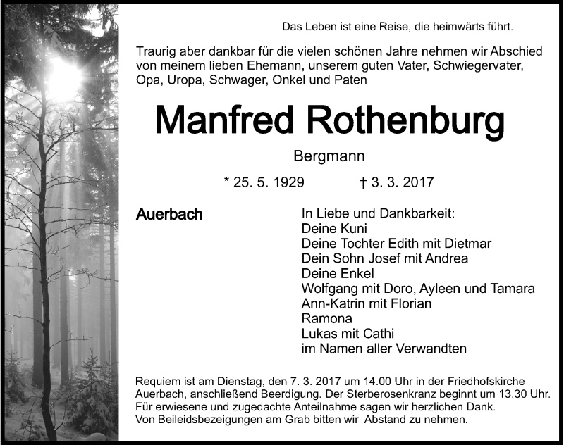  Traueranzeige für Manfred Rothenburg vom 06.03.2017 aus Nordbayerische Nachrichten Pegnitz Lokal