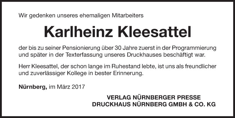  Traueranzeige für Karlheinz Kleesattel vom 30.03.2017 aus Gesamtausgabe Nürnberger Nachrichten/ Nürnberger Ztg.